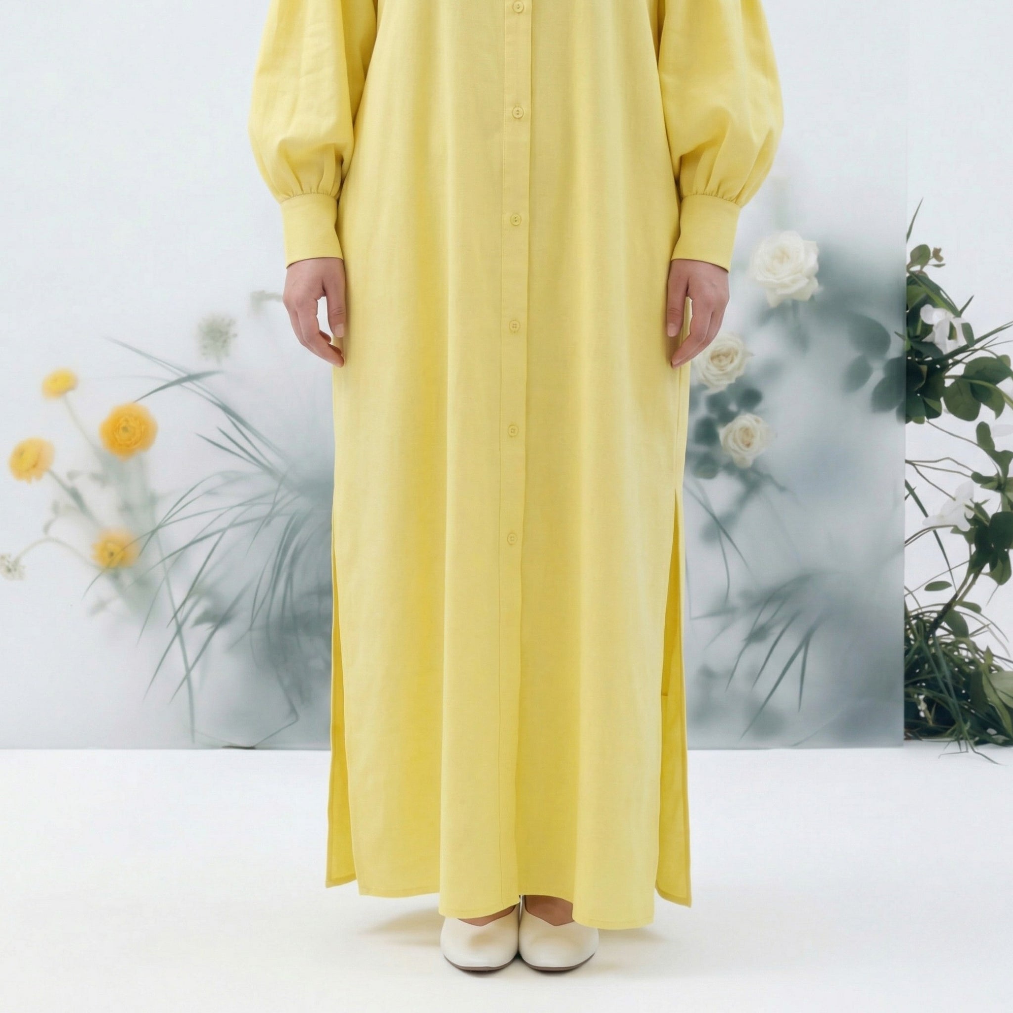 Linen Glow Modest Shirt - Yellow